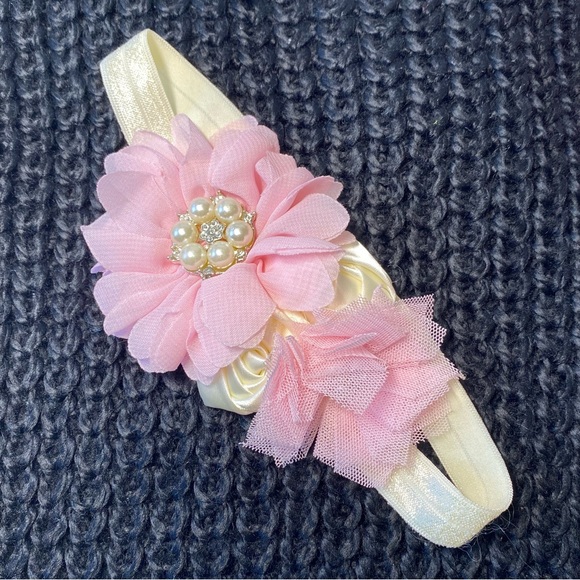 FLOWER AND PEARL RHINESTONE BABY STRETCHY HEADBAND - Picture 2 of 3